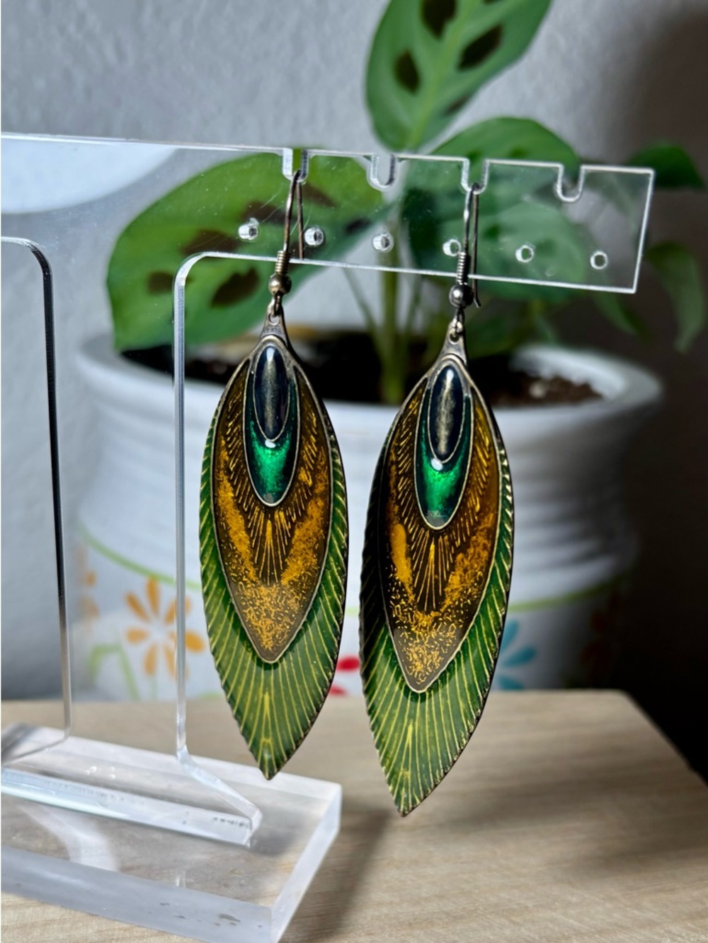 Enamel Peacock Feather Drop Earrings with lots of shimmer and boho style! 🤩